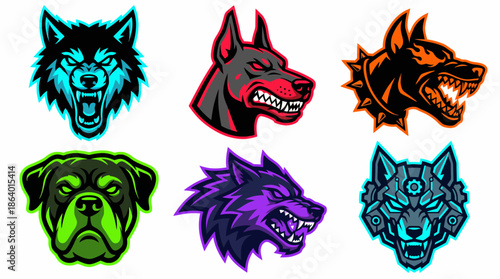 Ferocious Dog Mascot Logo Set – Neon Esports Gaming Animal Head Emblem