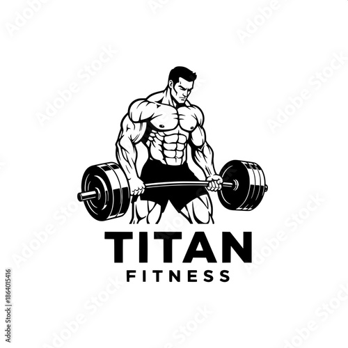 “Strong masculine fitness logo design, black-and-white vector illustration of a muscular man lifting weights, clean composition, bold sans-serif text.”