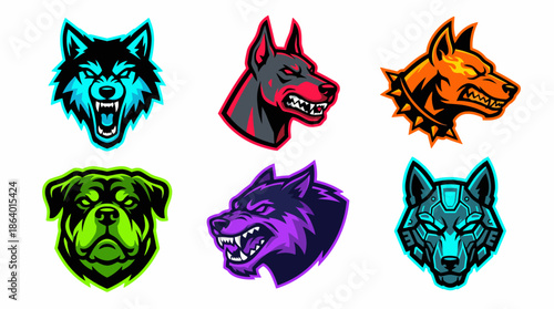 Ferocious Dog Mascot Logo Set – Neon Esports Gaming Animal Head Emblem