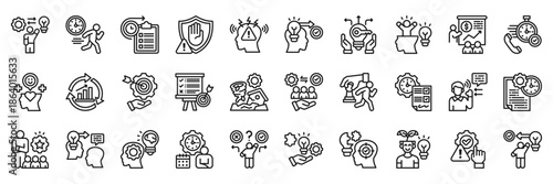 Proactive icon collection line style. Containing Taking Initiative, Early Action, Future Planning, Problem Prevention, Risk Awareness, Thinking