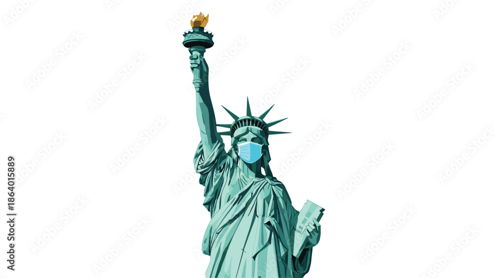 Fototapeta premium Statue of Liberty wearing medical face mask symbolizing global impact of pandemic on freedom and travel industries worldwide today.