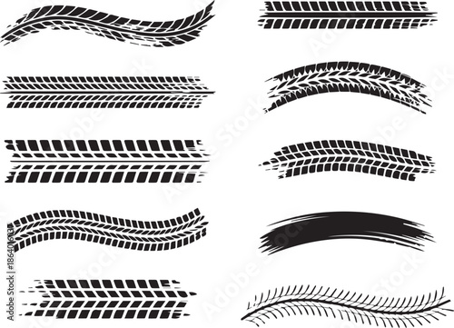 Tire trace track. Abstract wheels braking distances, tread silhouettes brushes. Isolated car or motorcycles vector trails. Tire vehicle, road track rubber, transportation texture illustration