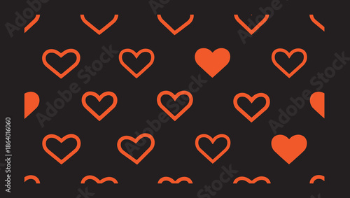 Minimalist Orange Heart Line Pattern - Seamless Romantic Love Shapes on Black Background