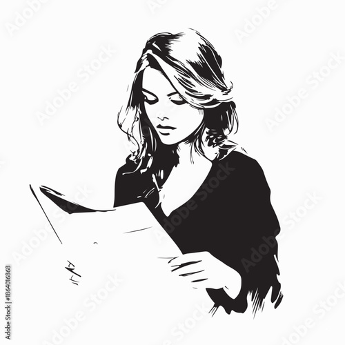 Young woman reading newspaper. image vector isolated on white background