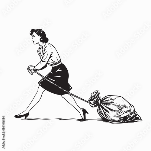 Businesswoman Dragging a Giant Heavy Money Image Vector Isolated on White Background