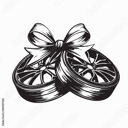 Car Tires Wrapped In A Gift Ribbon With A Bow Image  Vector on White Background