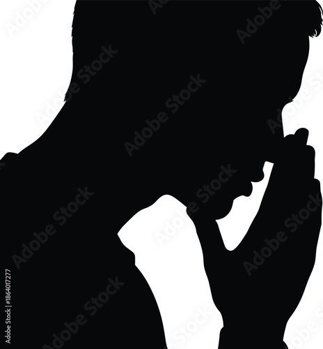 Praying man silhouette profile with hands together symbolizing faith spirituality meditation devotion hope peace vector illustration isolated black design art