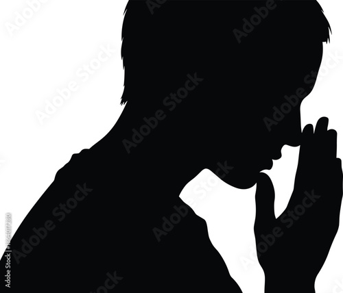 Praying man silhouette profile with hands together expressing faith hope spirituality meditation devotion peace vector illustration isolated black design