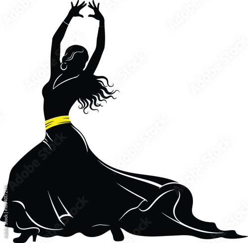 Flamenco dancing woman silhouette with raised arms flowing dress expressing passion rhythm elegance culture vector illustration isolated black spanish art
