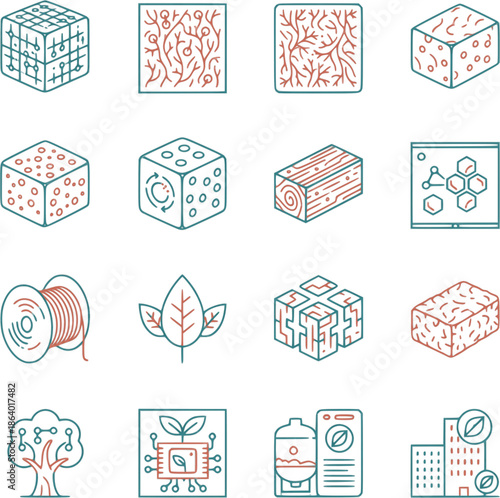 16 minimalist symbols for carbon-negative materials, synthetic biology, and regenerative construction. Themes include mycelium insulation, bio-concrete, and mass timber. 