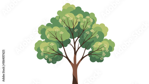 Green blossoming tree illustration with lush foliage and white flowers signifying spring season and ecological vitality in nature.