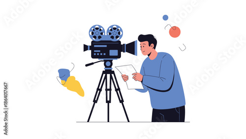 Professional filmmaker working with movie camera and script for creative video production and cinema industry projects in studio.