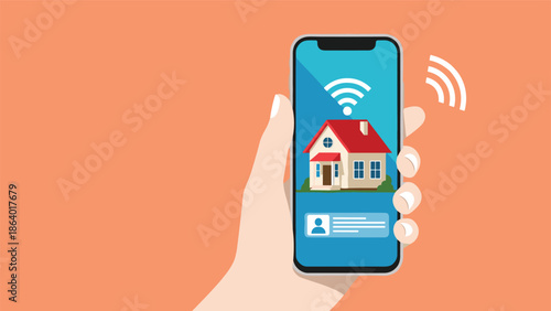 Hand holding smartphone using smart home application for remote control of domestic automation and security systems in modern house.