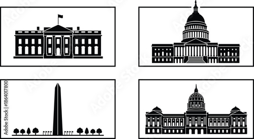 United States government landmarks silhouette illustration set featuring White House Capitol Building Washington Monument and historic federal architecture isolated on white background
