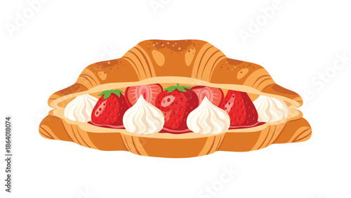Gourmet croissant sandwich filled with fresh red strawberries and sweet whipped cream for a delicious breakfast at a cafe.
