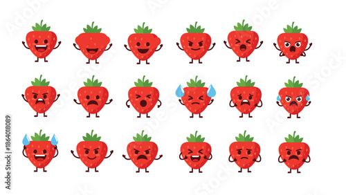 Strawberry character set with diverse facial expressions representing various human emotions for creative design projects.