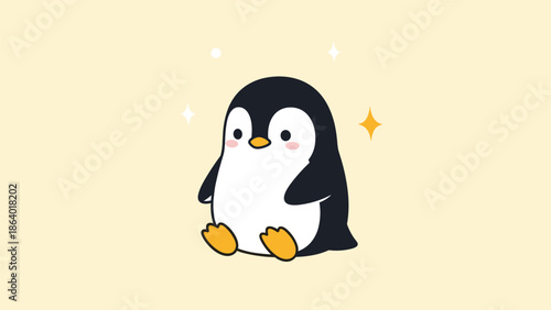 Adorable chubby penguin character sitting happily with sparkles representing cuteness and positive winter vibes in the arctic.