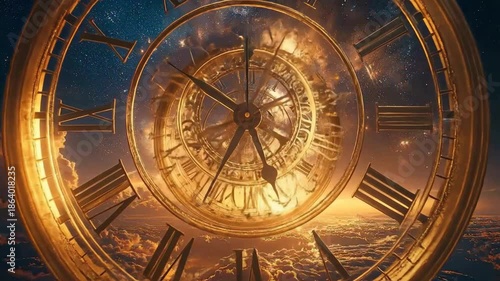 Ornate clock face hovering in a sky filled with clouds and stars.