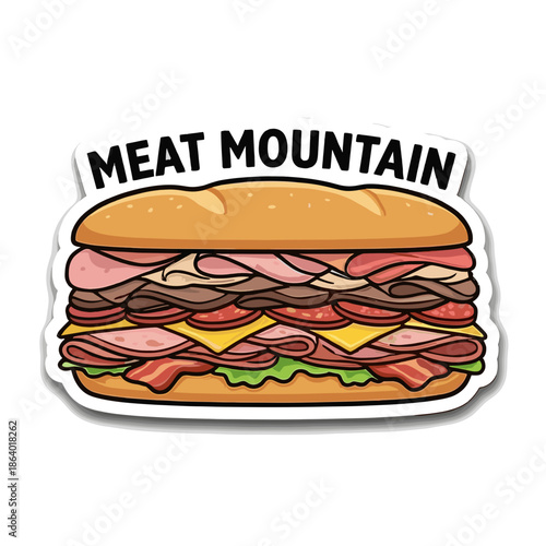 Meat mountain sub sandwich vector sticker. Giant stacked baguette with ham bacon and salami. Carnivore big lunch meal illustration.