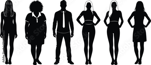 Black vector silhouettes of diverse group of people men and women standing together with different body types on white background.