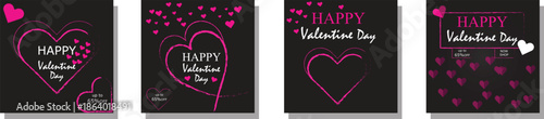 A collection of happy valentine's day cards with pink hearts on a dark background.