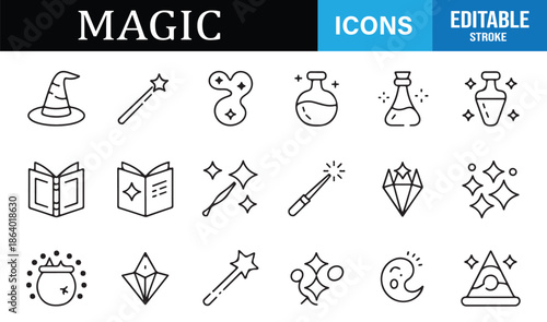 Alchemy and sorcery fantasy outline icons
