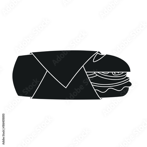 Wrapped Sub Sandwich Vector Icon for Takeaway. Fast Food Submarine Sandwich in Paper Packaging Silhouette Illustration Isolated for Delivery, To Go, or Restaurant Menu Design.