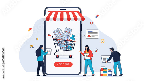 Online pharmacy mobile application showing pharmaceutical products in shopping cart for digital healthcare commerce services.