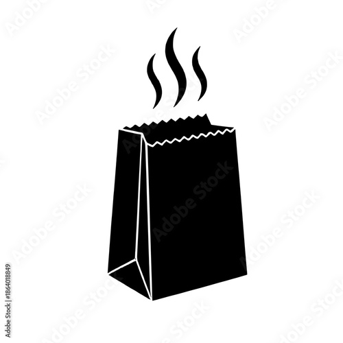 Hot paper bag with steam vector silhouette. Takeout food packaging for churros or snacks. Delivery container with smoke lines. Fast food pack isolated illustration.