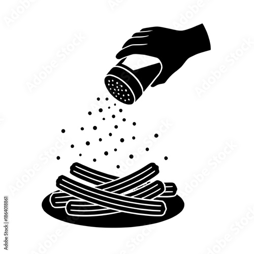 Hand sprinkling sugar on churros vector silhouette. Shaker pouring sweet powder or cinnamon on pile of fried dough pastry. Traditional Spanish dessert seasoning isolated illustration.