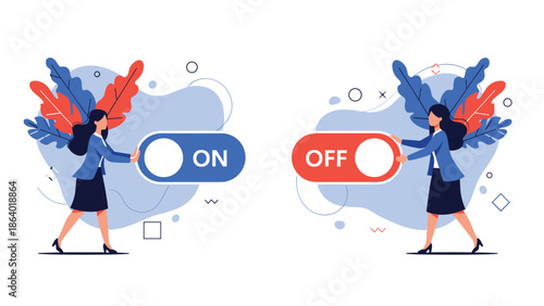 Businesswomen operating large on and off switches representing decision making control and system management processes.
