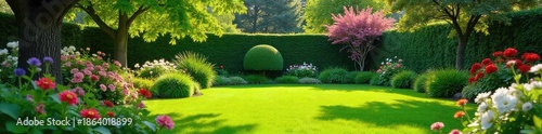 Serene backyard scene with lush green grass, blooming flowers, and mature trees Perfect for home, garden, or nature themes Enjoy the tranquil ambiance , environment, colorful, plants