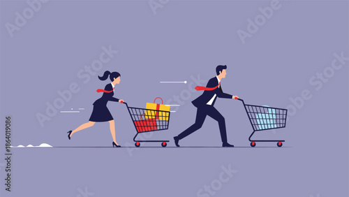 Business professionals running with shopping carts full of products representing fast retail consumerism and market competition.