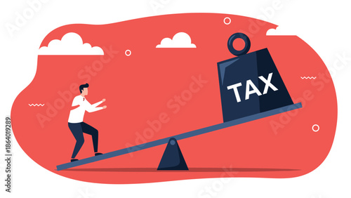 Man struggling to balance financial burden of heavy taxes on a seesaw representing economic challenges and fiscal pressure.