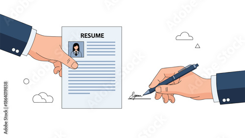 Professional recruitment process showing a hand holding a resume while another hand signs an employment contract with a blue pen.