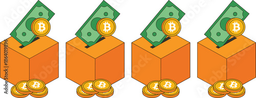 Bitcoin cryptocurrency donation box illustration showing digital coins and cash contributions concept for blockchain finance fundraising and online payment isolated on white background