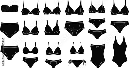 Women underwear and lingerie silhouettes collection including bras, panties, briefs, and bodysuits, black fashion apparel icons set isolated on white background illustration