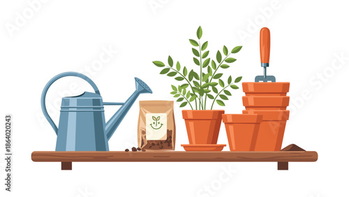 Collection of gardening equipment including a watering can, potted plants, bags of seeds, and tools arranged on a wooden shelf.