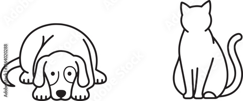 A whimsical illustration presents a charming dog and a graceful cat, each depicted with simple lines. The dog rests with gentle eyes while the cat sits elegantly, its tail gently curved.
