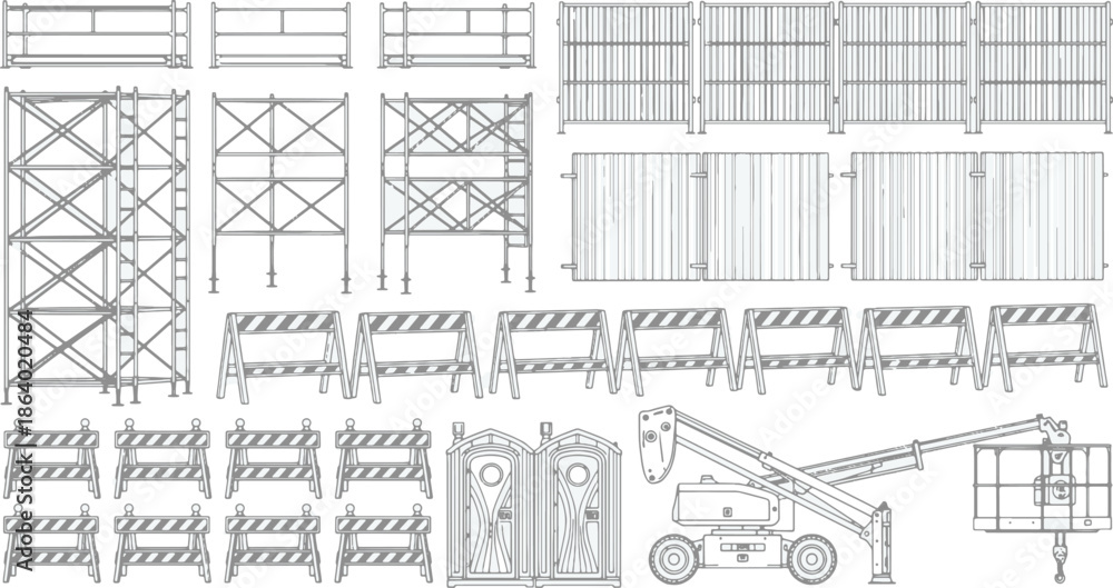Fototapeta premium Detailed outline of various construction elements and temporary facilities arranged in an organized fashion, illustrating the tools and infrastructure used in construction sites.