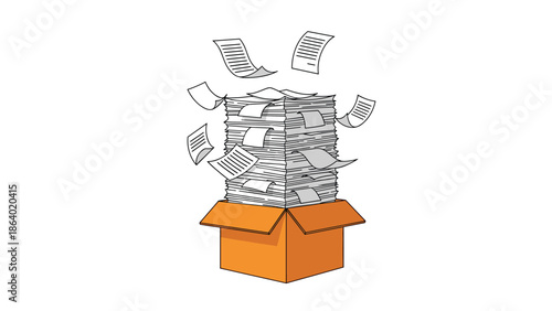 Overwhelming stack of business documents and papers overflowing from an orange cardboard box representing a heavy workload.