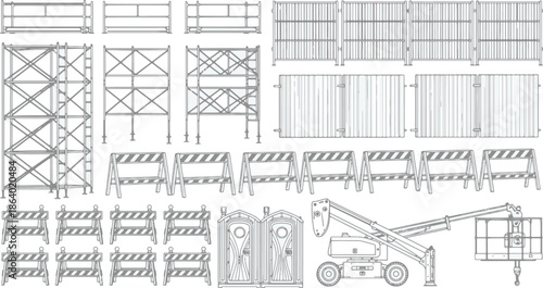 Detailed outline of various construction elements and temporary facilities arranged in an organized fashion, illustrating the tools and infrastructure used in construction sites.