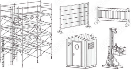 An architectural sketch showcasing construction site elements including scaffolding, barriers, portable toilet, and a hoist. A study in the precision and the artistry of architectural design.