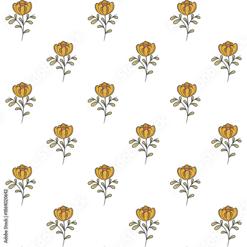 Yellow Floral Pattern With Orange Tulip-Like Flowers On White Background