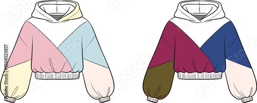 Geometric hoodie, color variant, pastel, saturated, fashion, garment, apparel, vector, pose, flavector, minimal, technical, flat, 