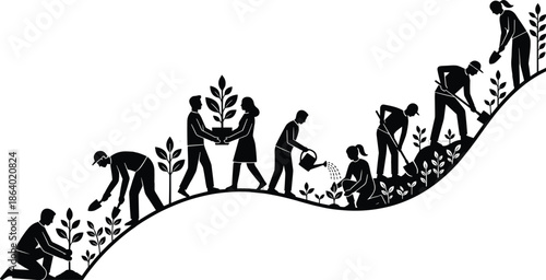 Community tree planting silhouette illustration showing people working together in environmental conservation gardening and sustainable growth concept isolated on white background