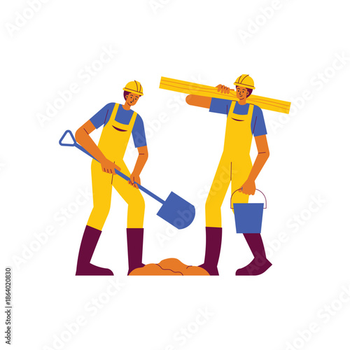 Two construction workers busy with their daily building tasks.