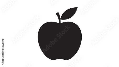 Black apple silhouette icon with stem and leaf, flat vector graphic on white background, minimalist symbol for branding, apps, or education