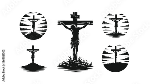 Multiple black silhouette illustrations depicting Jesus Christ on the cross with clouds and ground