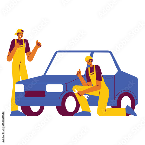 Two Mechanics Working on a Car.